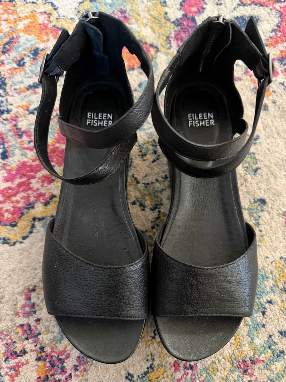 Eileen Fisher Black Leather Strappy Ankle Sandals